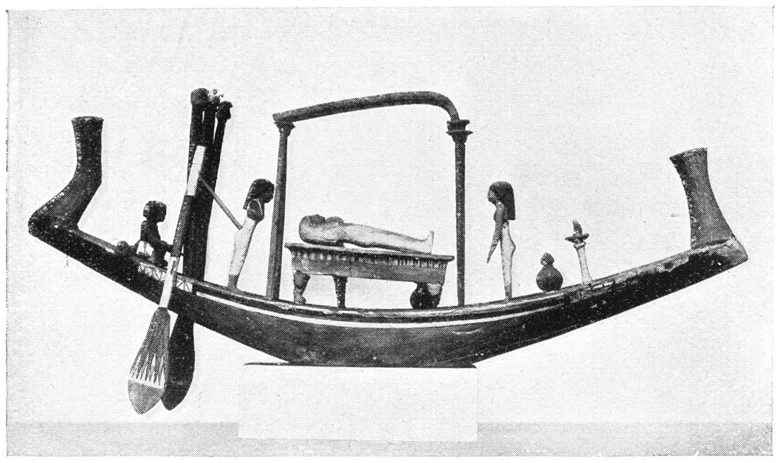 Model van eene begrafenis-boot met figuren welke Isis en Nephthys symboliseeren.