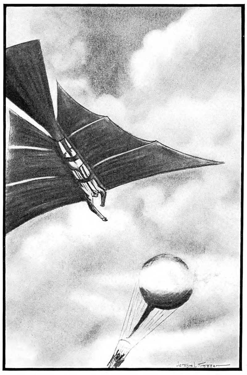 Picture of a man in an aeronautical machine approaching a balloon