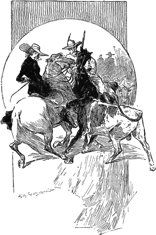 Lucy wird mit ihrem
  Pferd zwischen den Rindern eingekeilt