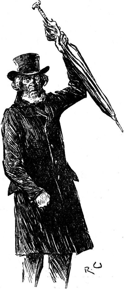 Brigham Young hebt
  drohend seinen Regenschirm