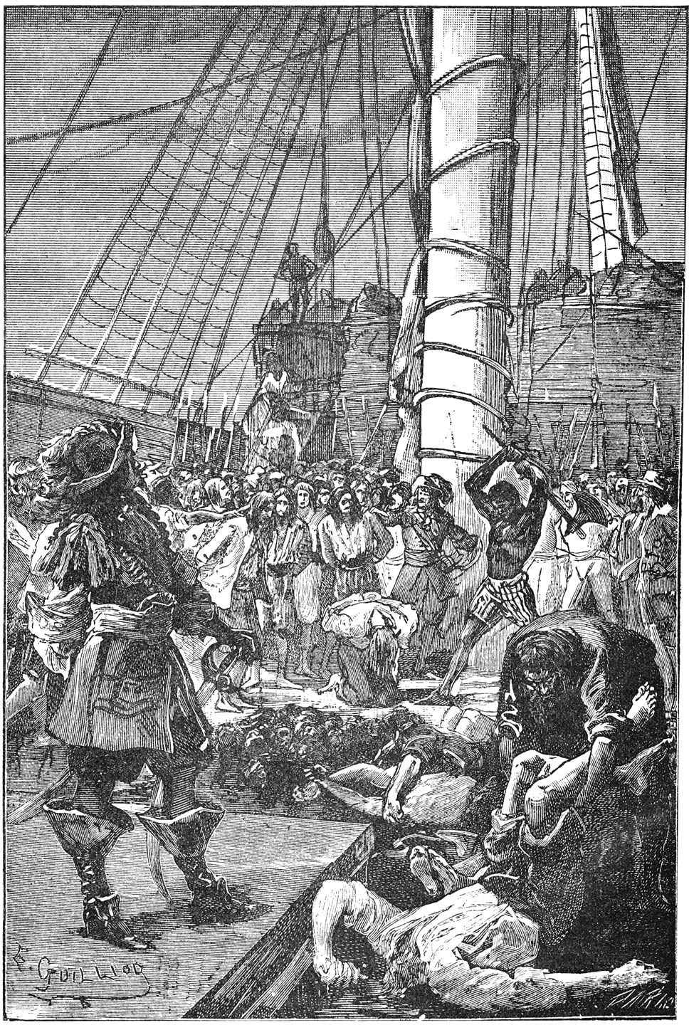 Al de Spaansche gevangenen werden vlak bij den grooten mast gebracht;—de beul onthoofden al de gevangenen tot op één na.—Blz. 138.