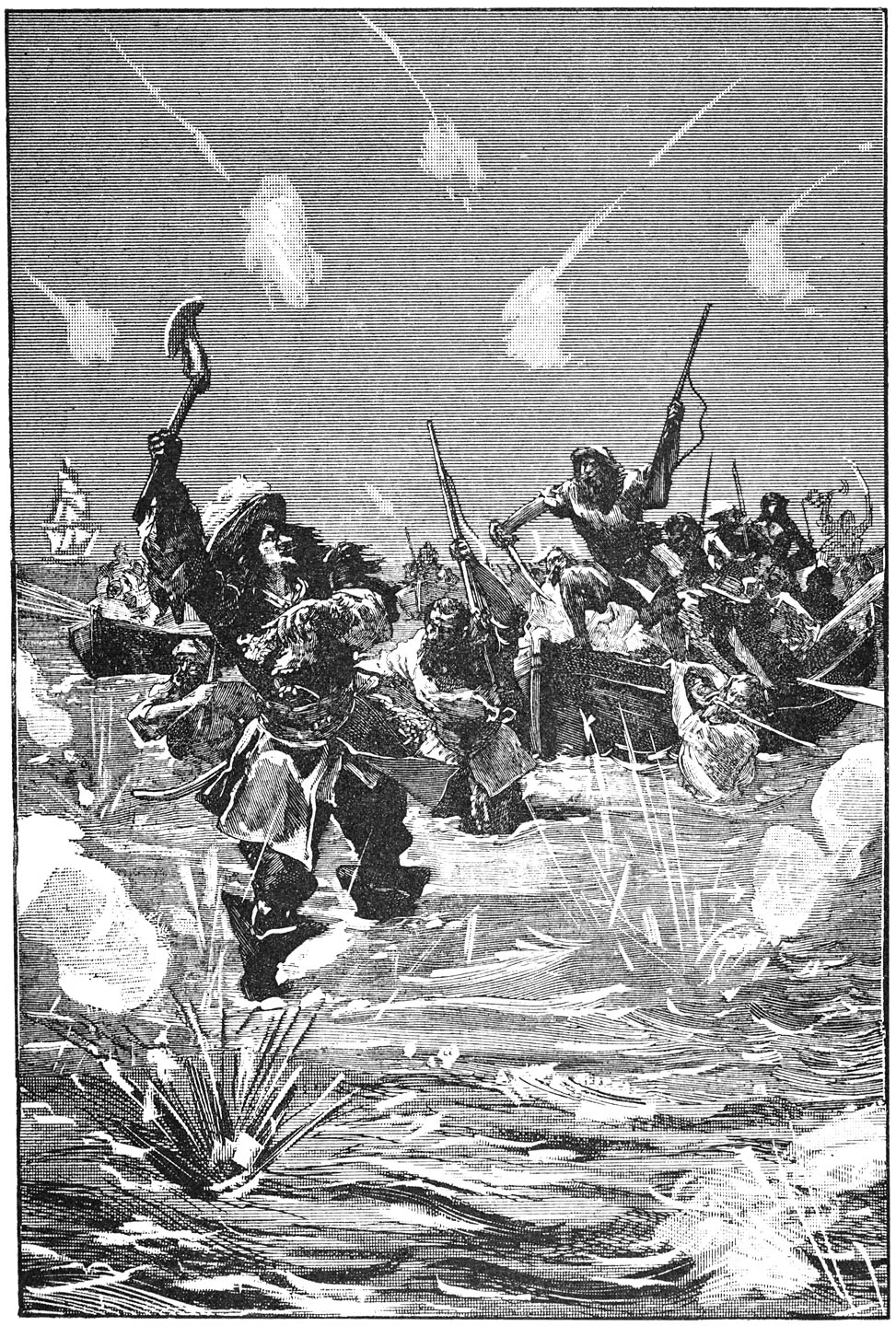 —Voorwaarts!—bulderde toen Montbars; hij trok zijn zwaard en sprong in zee.—Blz. 173.